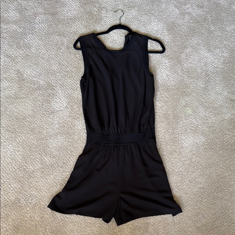 Theory Black Short Romper with Elastic Waistband, Pockets and Sleeveless Design